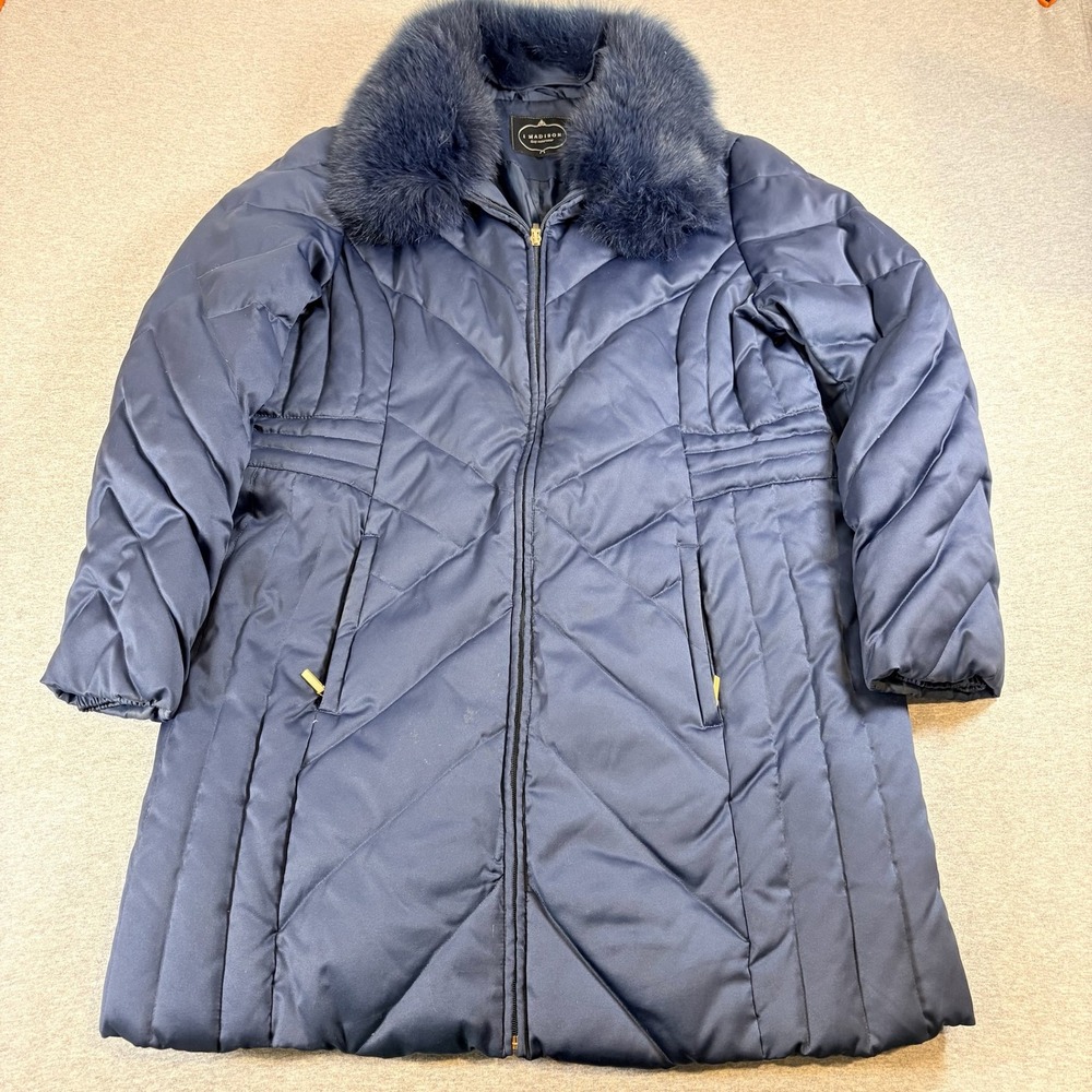 1 Madison Puffer Coat Womens XL Blue Faux Fur Trim Down Feather Quilted Parka